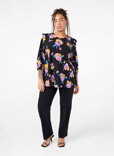 ZizziGebloemde blouse met ronde hals en ritssluiting, Black w. Flower AOP, Model image number 1