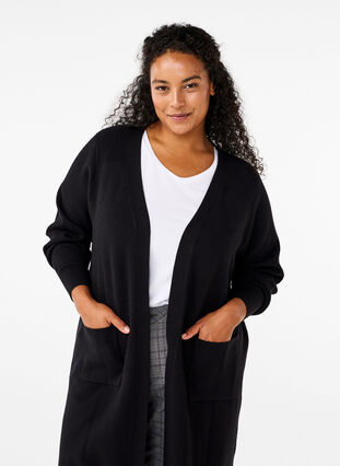 Zizzi Cardigan long en tricot avec poches, Black, Model image number 2