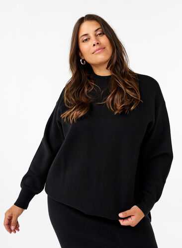 ZizziGebreide blouse in effen kleur, Black, Model image number 0