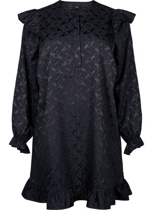 ZizziJacquard jurk met lange mouwen en ruches, Black, Packshot image number 0