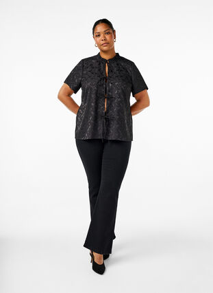 ZizziJacquard blouse met korte mouwen en strikjes, Black, Model image number 2