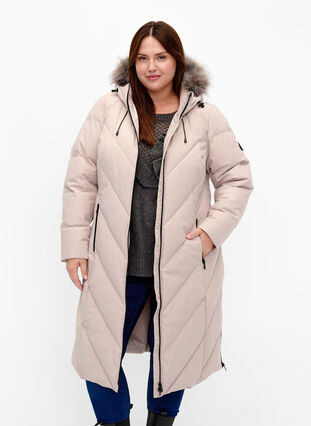 ZizziLange winterjas met capuchon en kraag van imitatiebont, Simply Taupe, Model image number 0