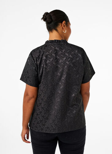 ZizziJacquard blouse met korte mouwen en strikjes, Black, Model image number 1