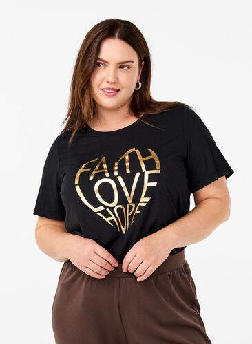 Zizzi FLASH – T-shirt imprimé, Black Gold Faith, Model image number 0