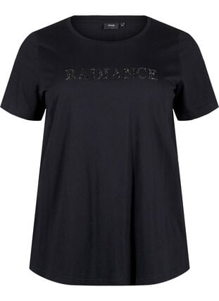 Zizzi T-shirt en coton avec motif strass, Black w. Radiance, Packshot image number 0