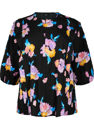 ZizziGebloemde blouse met ronde hals en ritssluiting, Black w. Flower AOP, Packshot image number 0