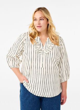 ZizziKatoenen blouse met 3/4 mouwen en print, Eggnog Black Stripe, Model image number 0