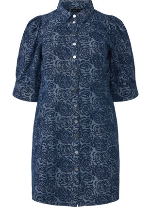 Zizzi Robe chemise en jean courte avec motif de rose, Denim Rose AOP, Packshot image number 0