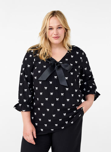 ZizziBlouse met strikjes en 3/4 mouwen, Black White Bow, Model image number 0