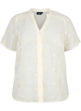 ZizziOverhemdblouse met korte mouwen en broderie anglaise, Antique White, Packshot image number 0