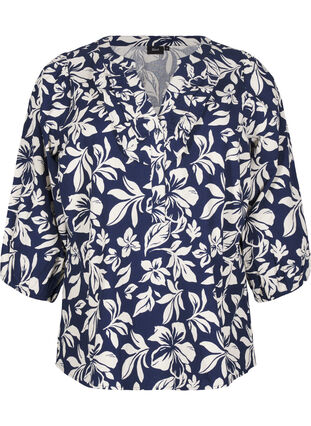 ZizziKatoenen blouse met 3/4 mouwen en print, Naval Academy Flower, Packshot image number 0