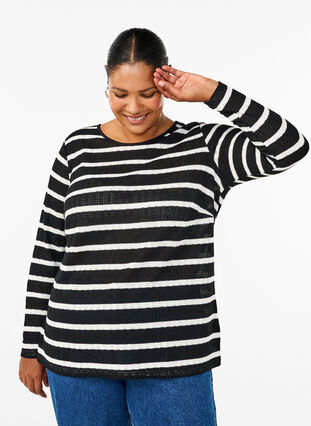 ZizziBlouse met strepen en lange mouwen, Black Sand Stripe, Model image number 0