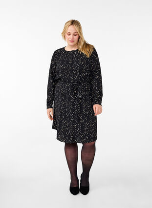 Zizzi Robe à manches longues avec cordon de serrage, Black w. Dot AOP, Model image number 2