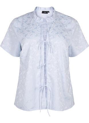 ZizziJacquard blouse met korte mouwen en strikjes, Ancient Water, Packshot image number 0