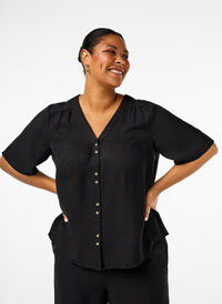 Overhemd blouse met V-hals en korte mouwen, Black, Model
