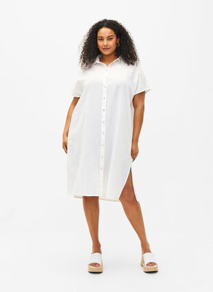 Zizzi Chemisier long en mélange de coton avec du lin, Bright White, Model image number 0