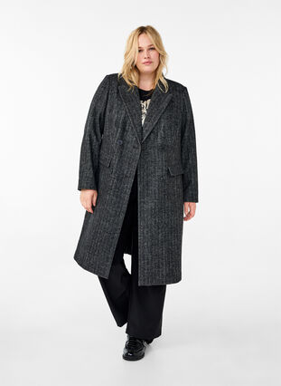 Zizzi Manteau long en laine à chevrons, Dark Grey Melange, Model image number 2