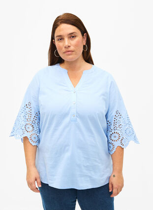 ZizziShirt blouse met broderie anglaise en 3/4-mouwen, Serenity, Model image number 0