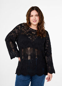 Gebreide blouse met kantpatroon, Black, Model