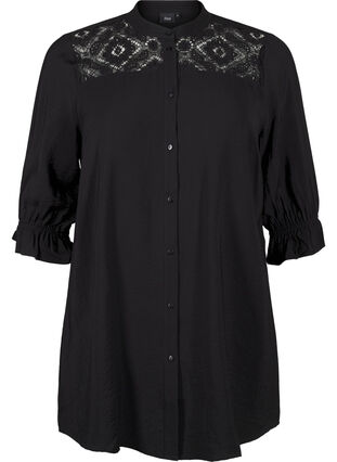 ZizziLang viscose shirt met kanten detail, Black, Packshot image number 0