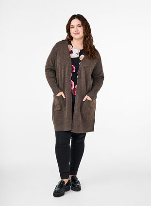 Zizzi Cardigan en tricot côtelé avec poches, Espresso Mel., Model image number 2