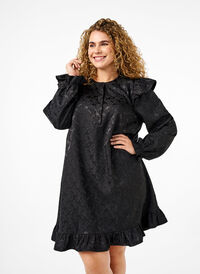 Jacquard jurk met lange mouwen en ruches, Black, Model
