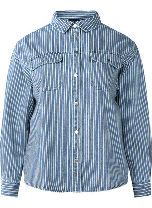 Zizzi Chemise en jean de couleur unie dotée de poches sur la poitrine, Light B.Denim Stripe, Packshot image number 0