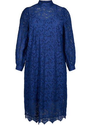 Zizzi Robe en dentelle à manches longues avec col montant, Estate Blue, Packshot image number 0