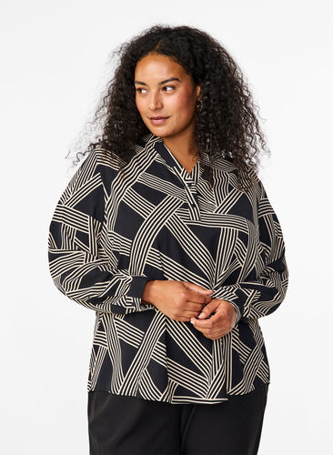 ZizziBlouse met lange mouwen en V-hals, BLACK BEIGE GRAPHIC, Model image number 0