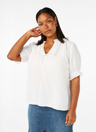 ZizziViscose blouse met korte mouwen en ruches, Bright White, Model image number 0