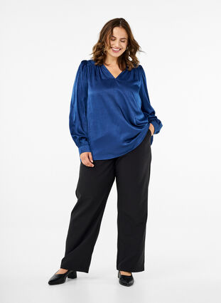 ZizziBlouse met lange mouwen, ruches en V-hals, Estate Blue, Model image number 2