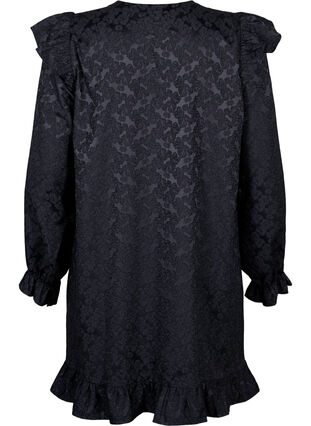 ZizziJacquard jurk met lange mouwen en ruches, Black, Packshot image number 1