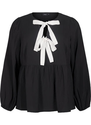 ZizziViscose blouse met strikjes en lange mouwen, Black White Bow, Packshot image number 0