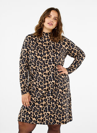 ZizziFLASH - Jurk met lange mouwen en col, Leopard Print, Model image number 0