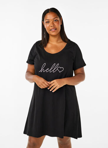 Zizzi Chemise de nuit à manches courtes en coton biologique , Black Hello, Model image number 0