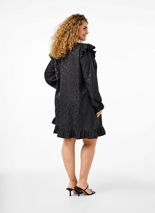 ZizziJacquard jurk met lange mouwen en ruches, Black, Model image number 1