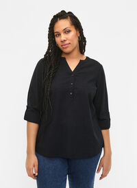 Blouse van katoen met v-hals, Black, Model