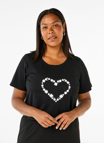 ZizziFLASH - T-shirt met motief, Black Flower Heart , Model image number 0