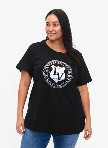 Zizzi T-shirt en coton biologique avec impression , Black W. Silver LA, Model image number 0