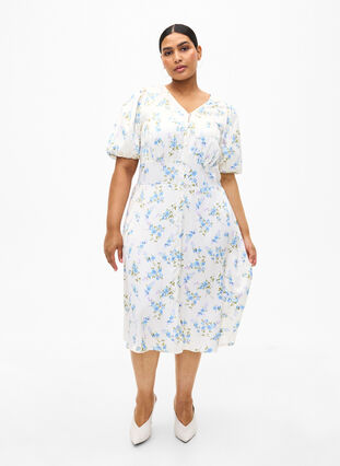 Zizzi Robe en satin floral avec manches bouffantes, Off White Blue Fl., Model image number 3