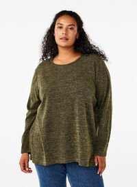 Melange Blouse met een rond halsje en lange mouw, Winter Moss, Model