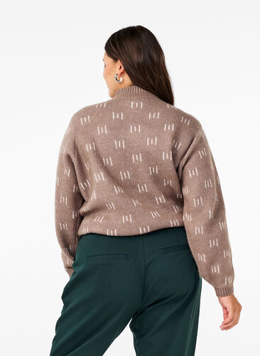 ZizziGebreide blouse met hoge hals en patroon, Walnut Mel. Comb, Model image number 1