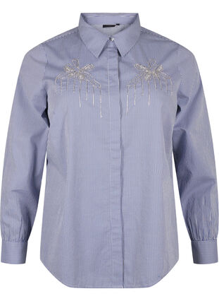 Zizzi Chemise en coton biologique avec broderie de perles, Blue White Stripe, Packshot image number 0