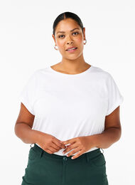 T-shirt met korte mouwen van katoenmix, Bright White, Model