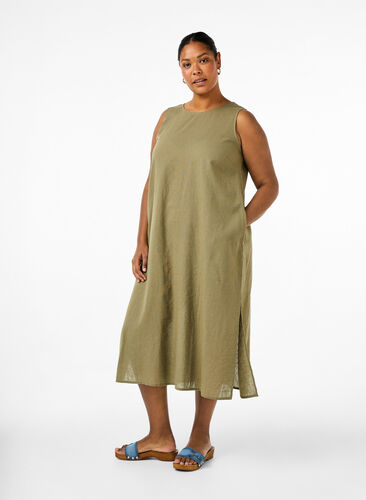 Robe sans manches en mélange de coton avec du lin, Deep Lichen Green, Model image number 0