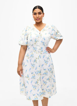 Zizzi Robe en satin floral avec manches bouffantes, Off White Blue Fl., Model image number 0