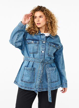 ZizziSpijkerjasje met een strikceintuur, Blue Denim, Model image number 0