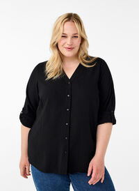 Viscose overhemd blouse met driekwart mouwen, Black, Model