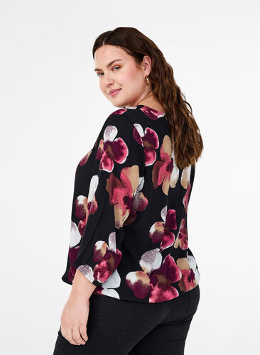 ZizziViscose blouse met print en smok, Black Pink FlowerAOP, Model image number 1