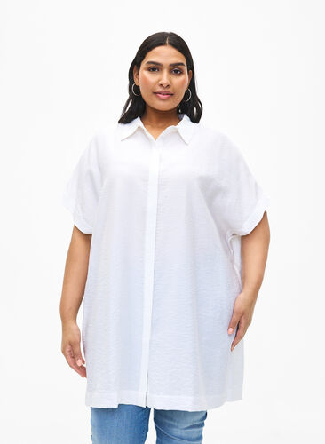 Zizzi Chemise longue en viscose à manches courtes, Bright White, Model image number 0